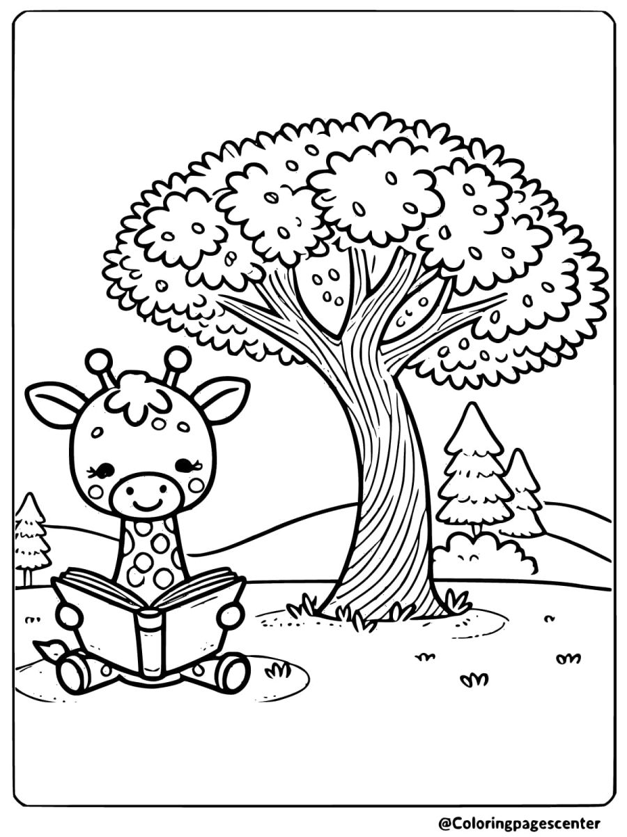 Giraffe reading a book under a tree coloring page for kids