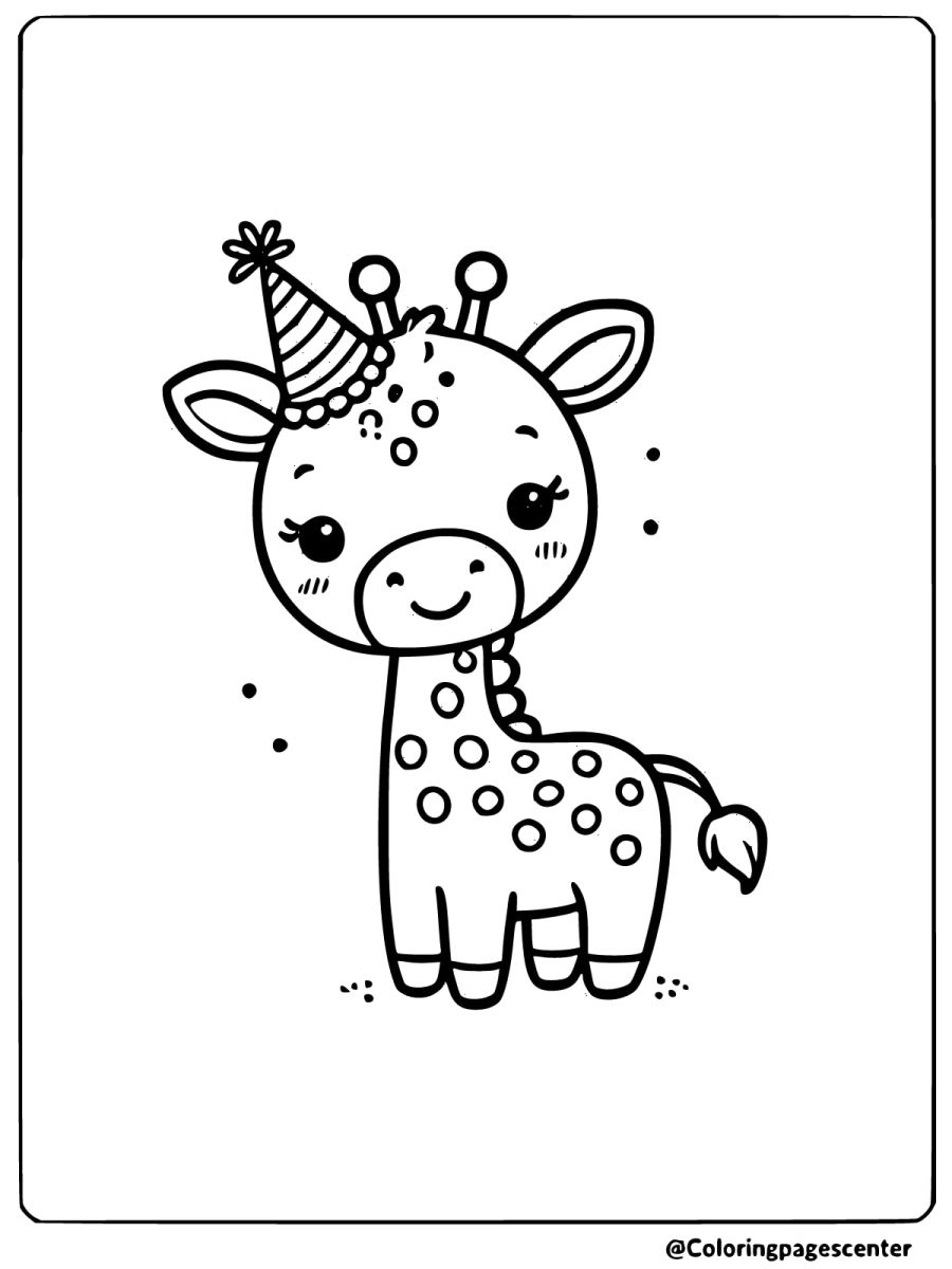 Happy giraffe wearing a party hat coloring page for kids