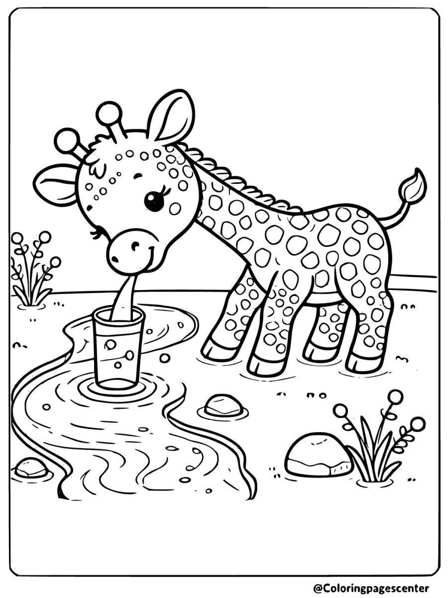 Coloring page of giraffe drinking water