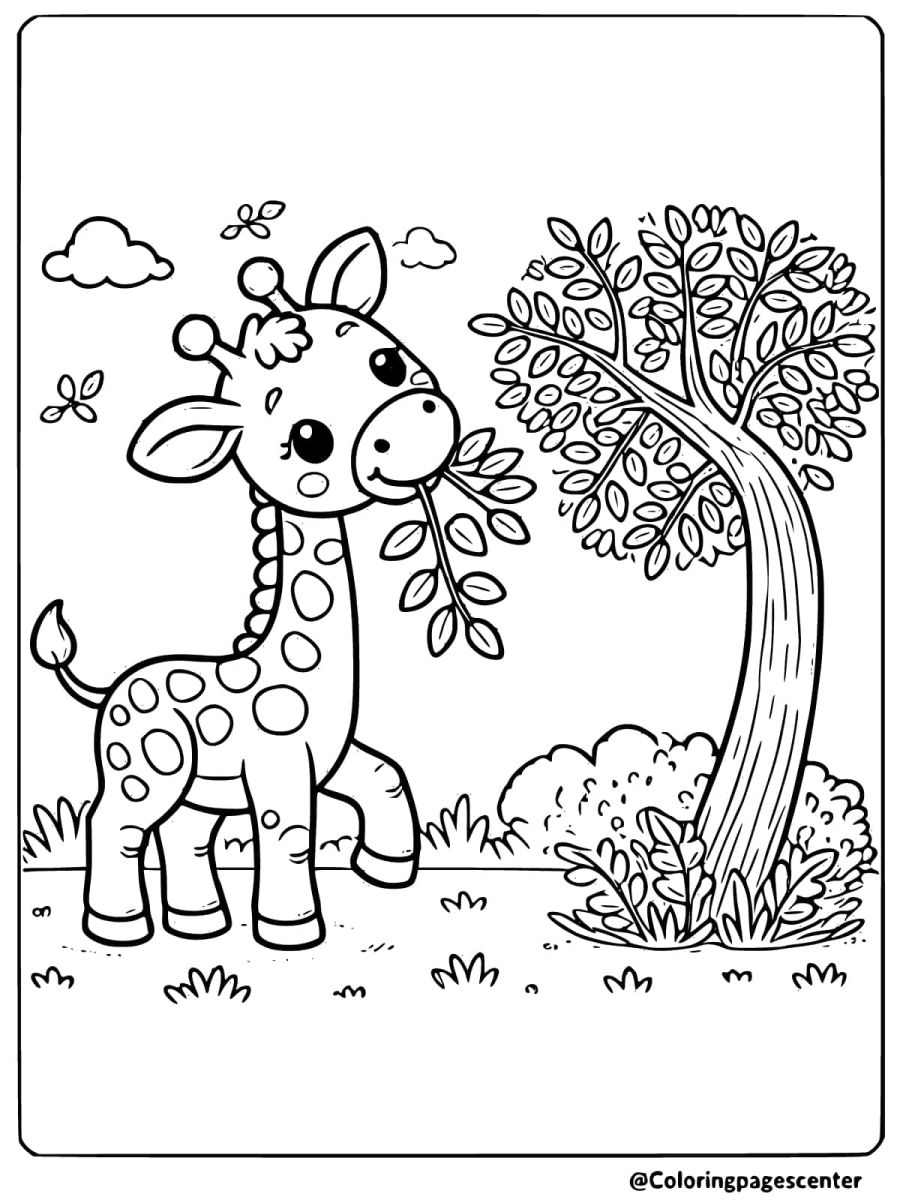 Coloring page of giraffe eating leaves