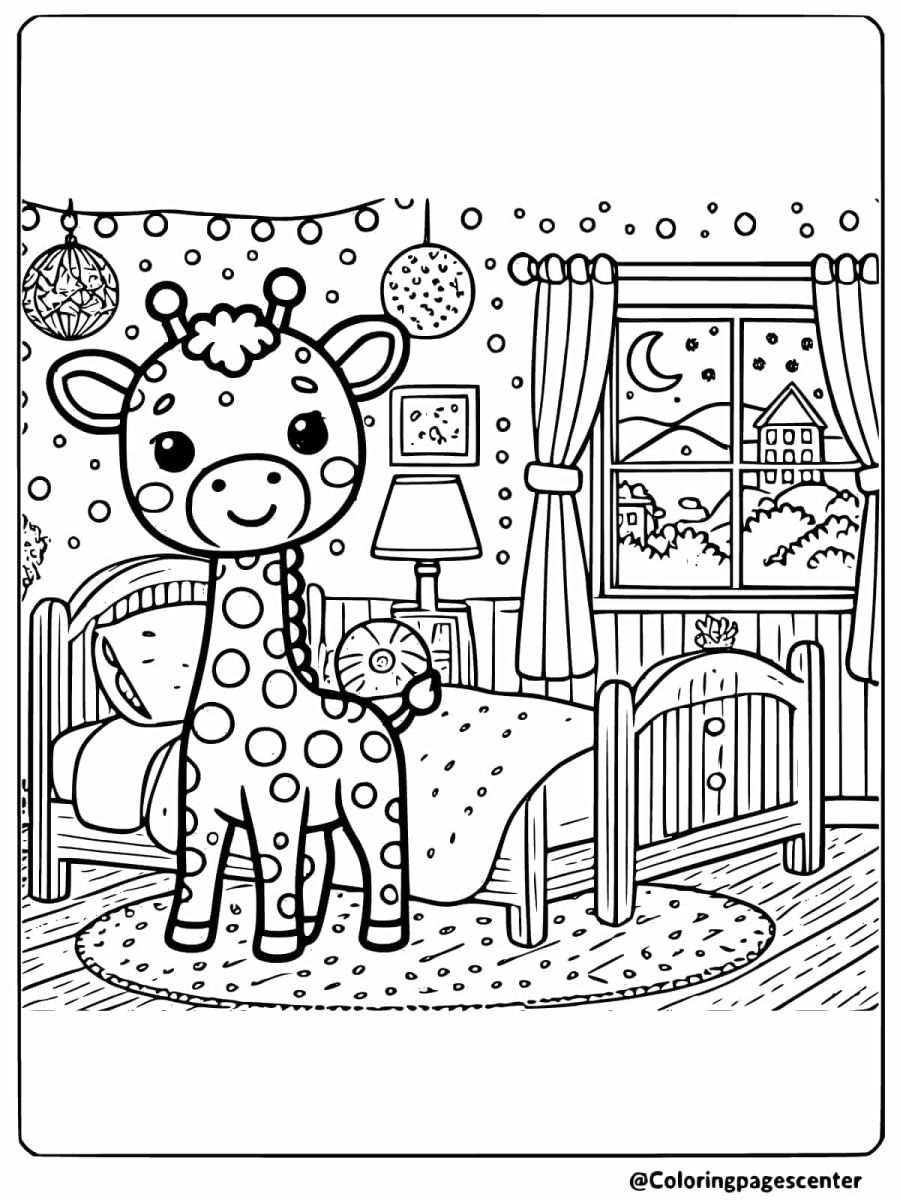 Coloring page of giraffe in a bedroom