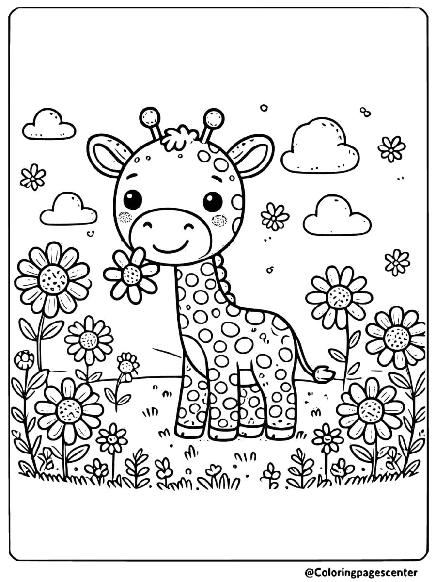 Coloring page of giraffe in flower garden