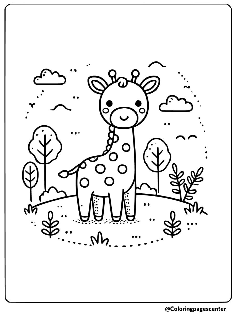 Coloring page of giraffe in nature