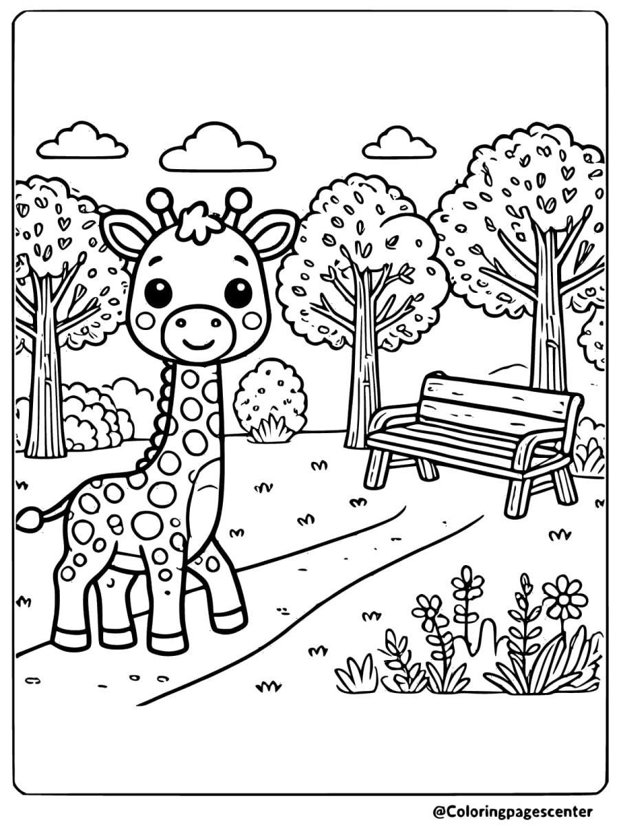 Coloring page of giraffe in a park