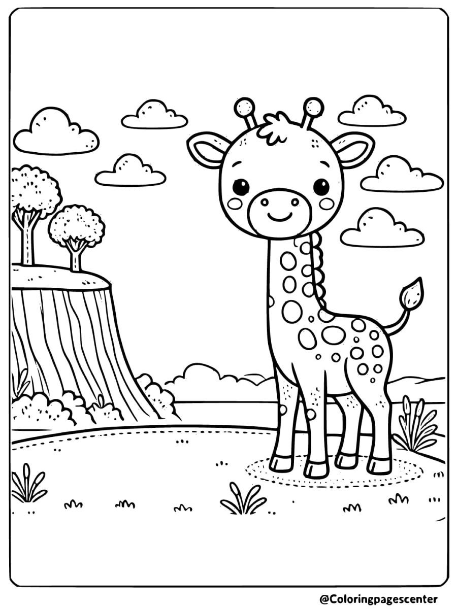 Coloring page of giraffe on a hilltop