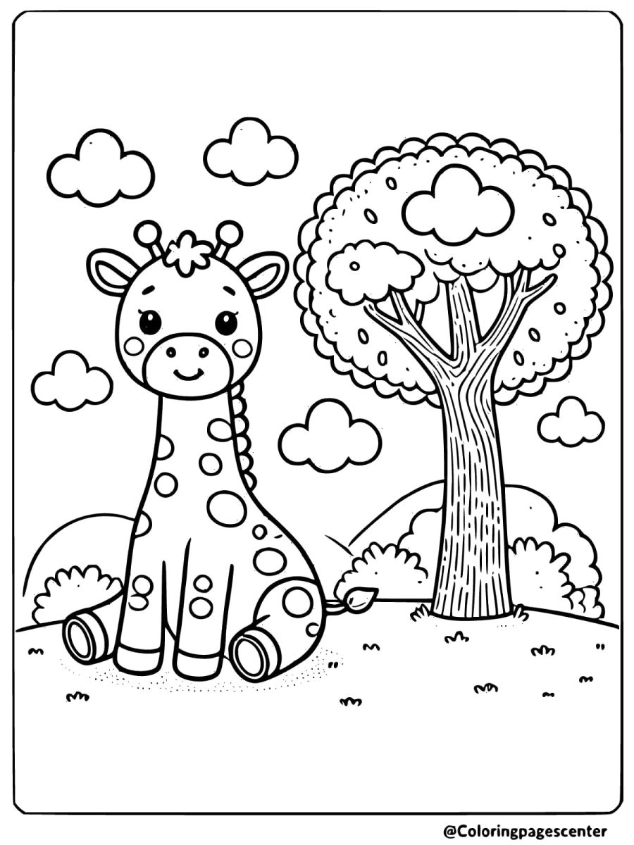 Coloring page of giraffe under a tree