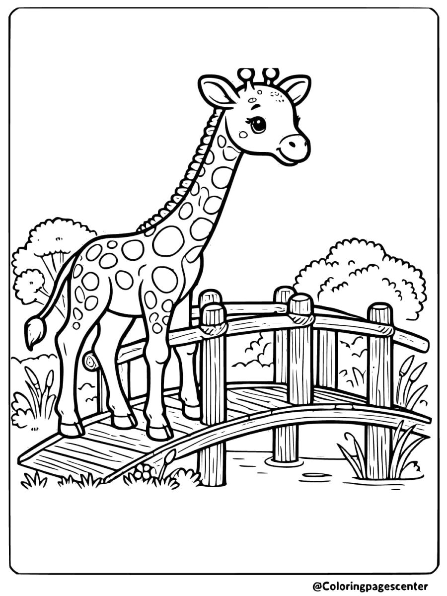 Coloring page of a giraffe standing on a wooden bridge