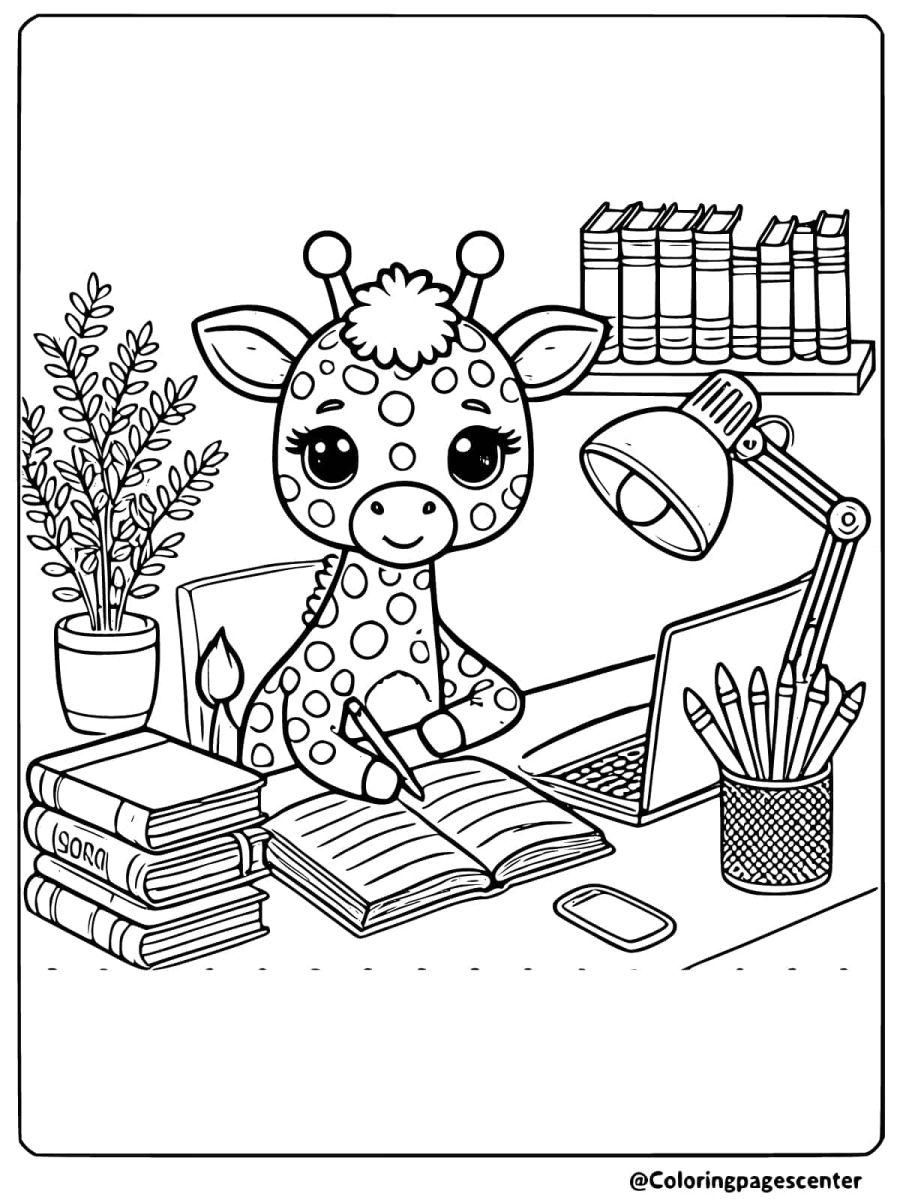 Coloring page of a giraffe studying with books and a laptop