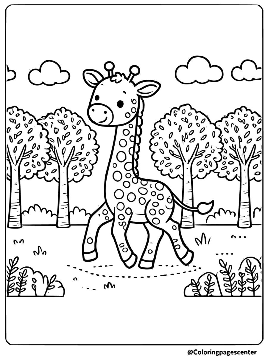 Coloring page of giraffe walking in forest