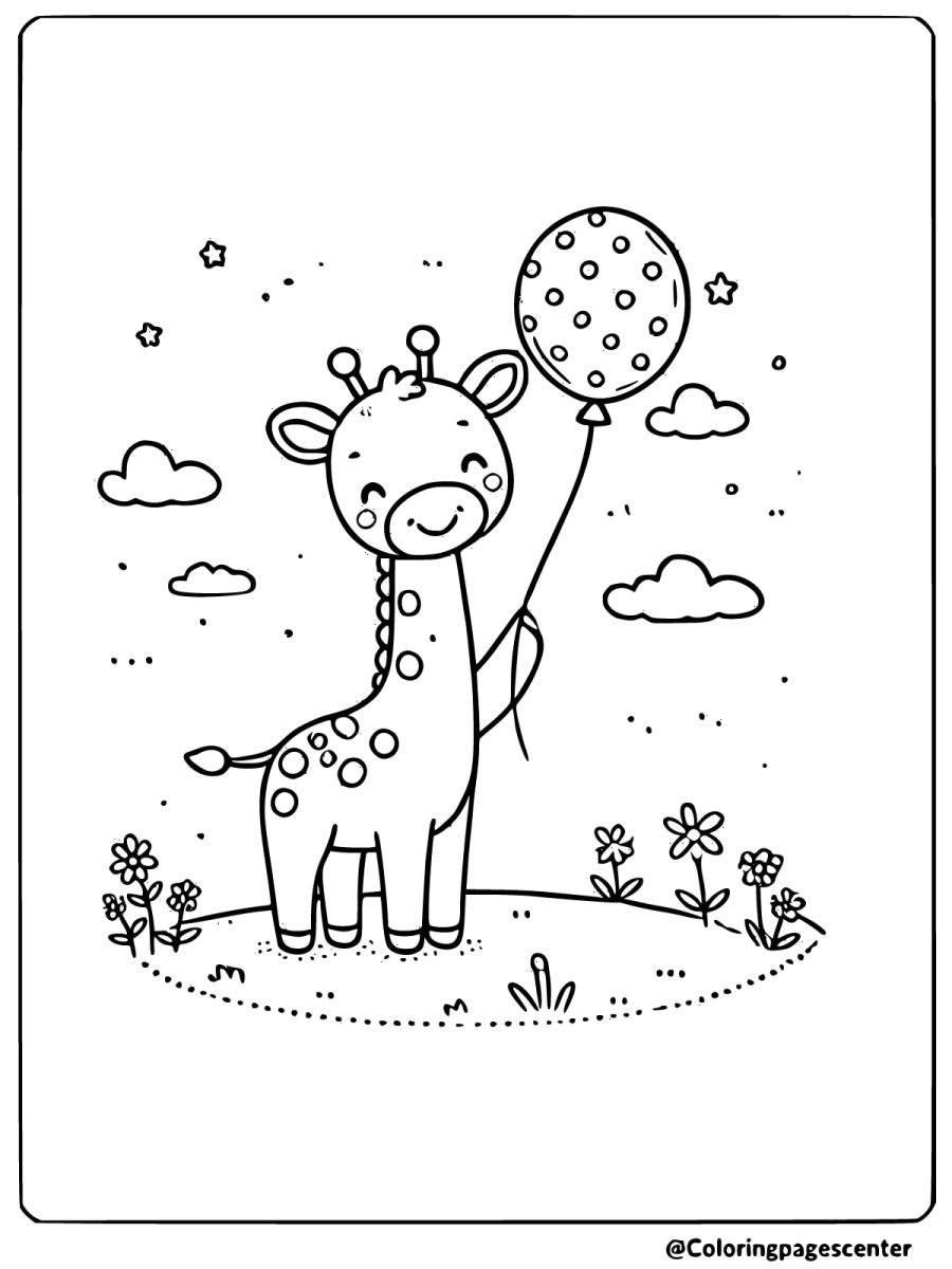 Coloring page of giraffe with balloon