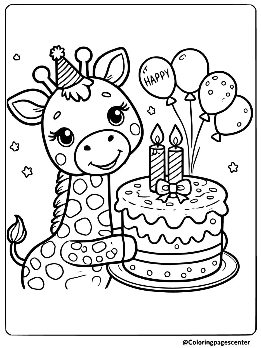 Coloring page of giraffe with birthday cake