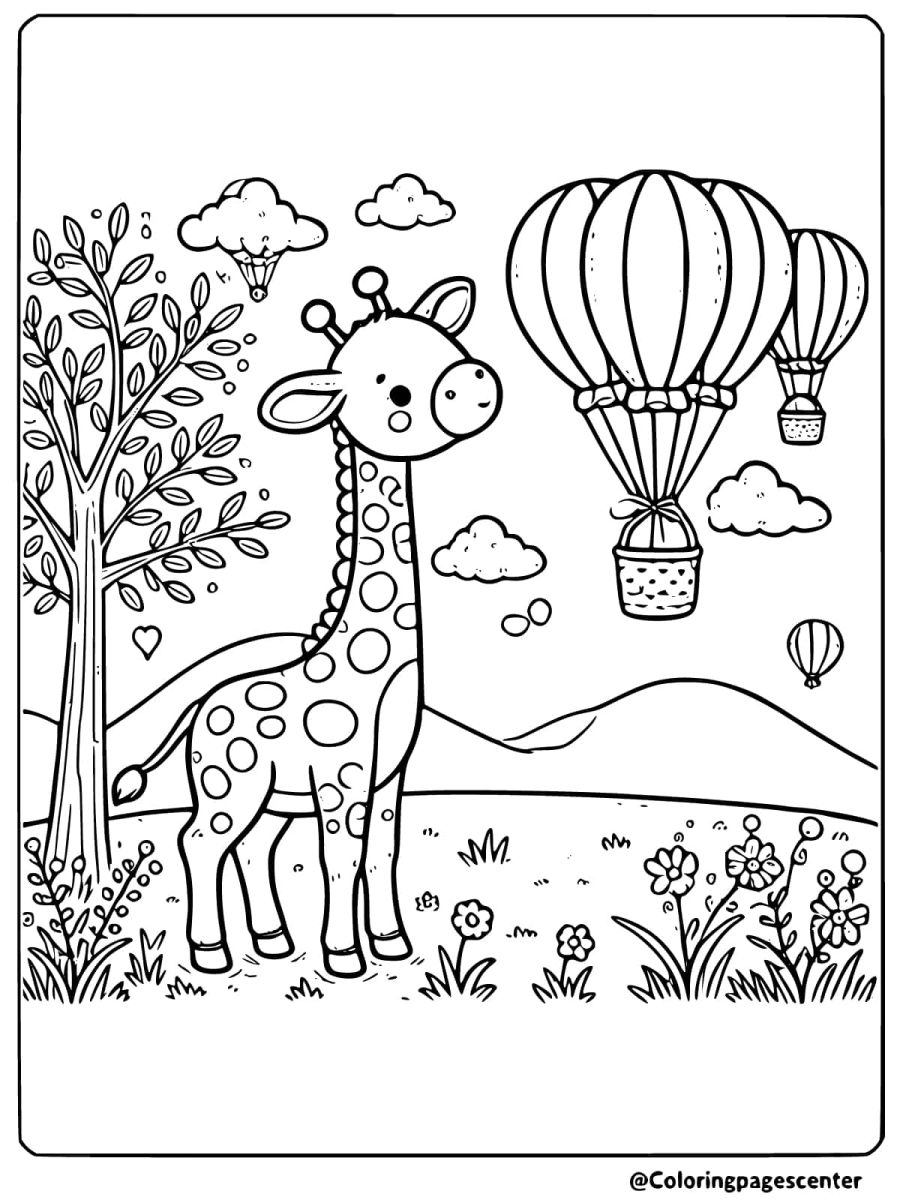 Coloring page of a giraffe with hot air balloons in the sky