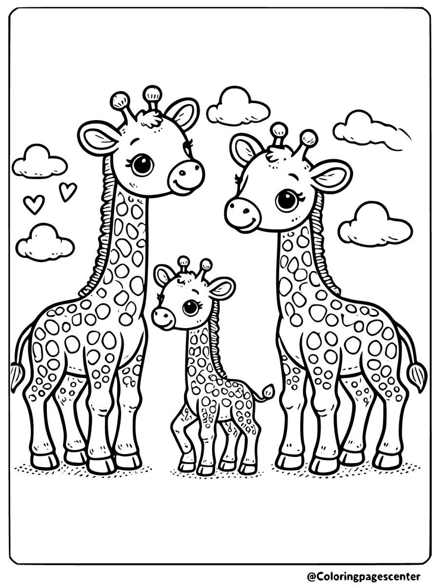 Adorable giraffe family with hearts - easy giraffes coloring page