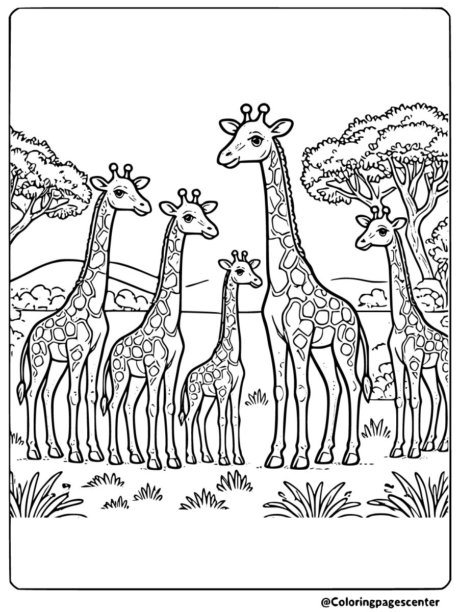 Giraffe family in the savanna - a simple giraffes coloring page