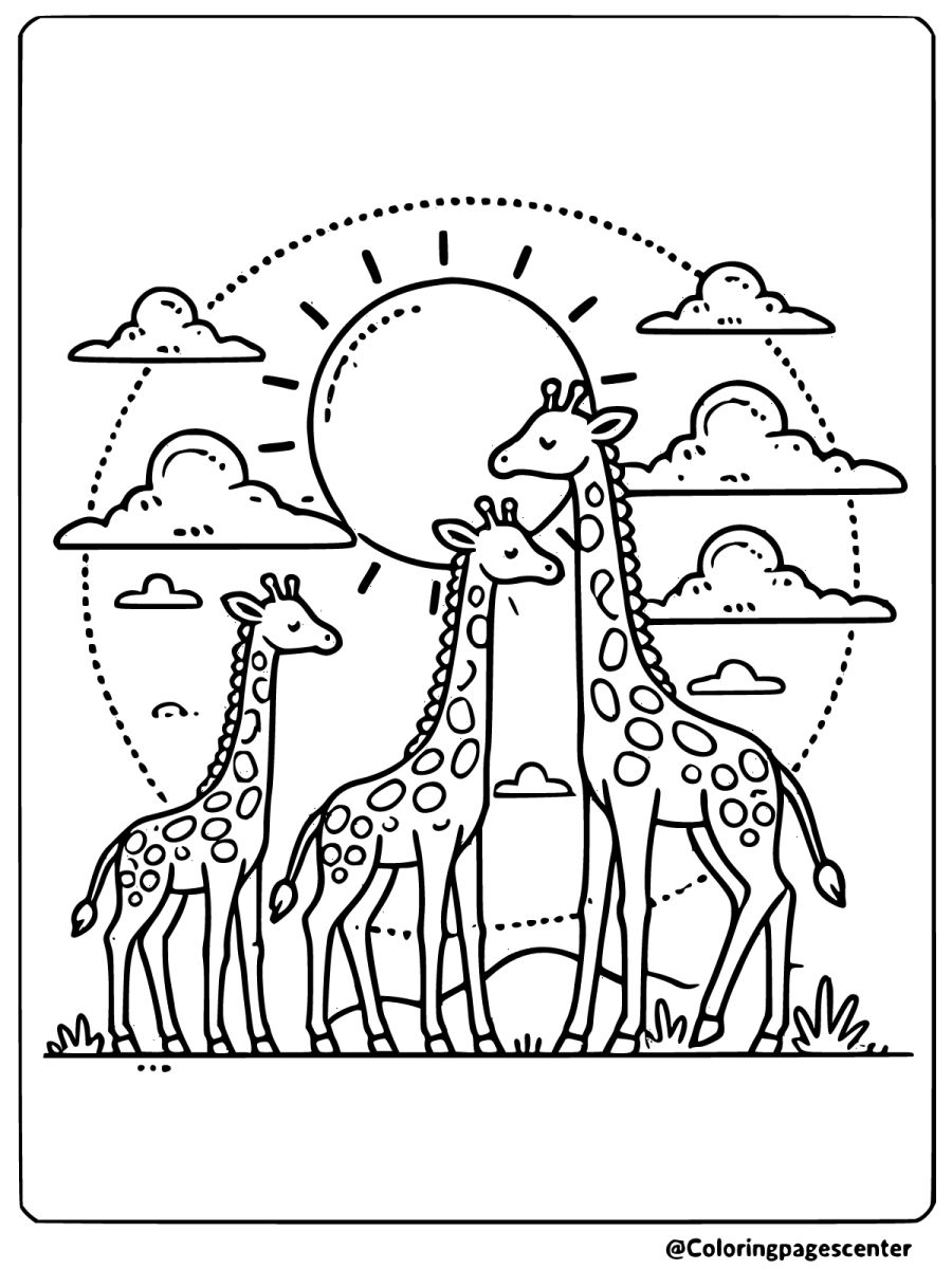 Giraffe family with a big sun - a detailed giraffes coloring page