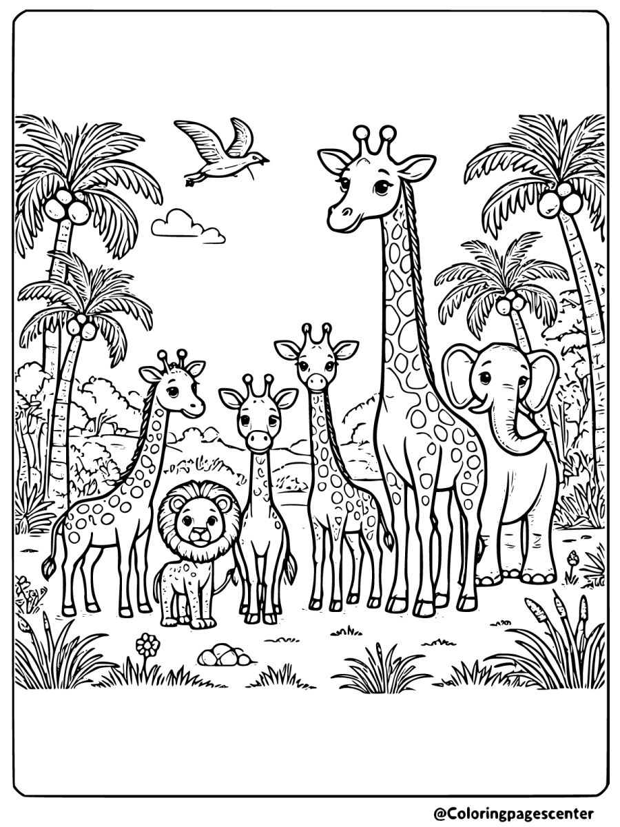 Giraffes with other safari animals - a jungle giraffes coloring page