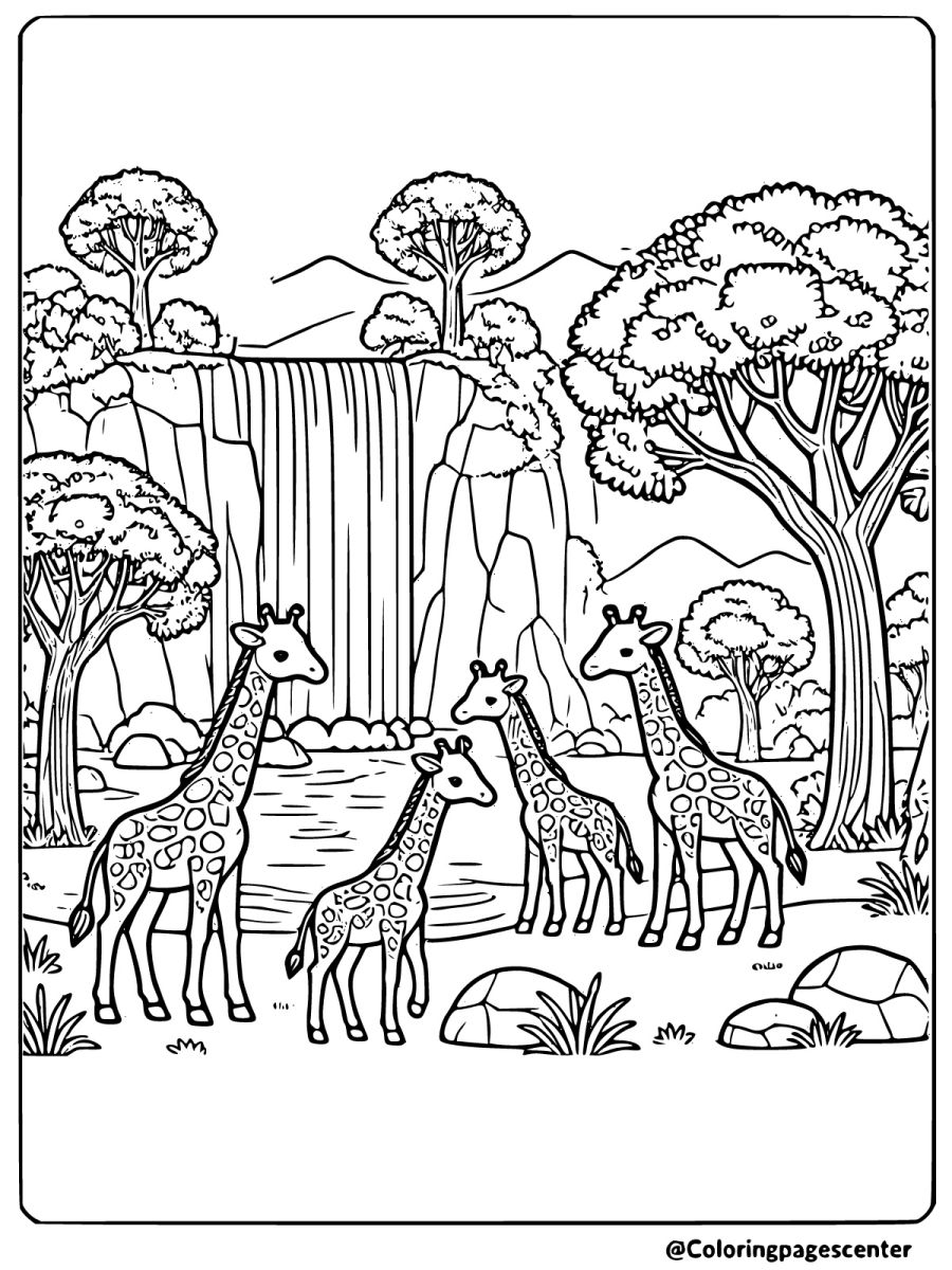 Giraffes near a scenic waterfall - a nature giraffes coloring page