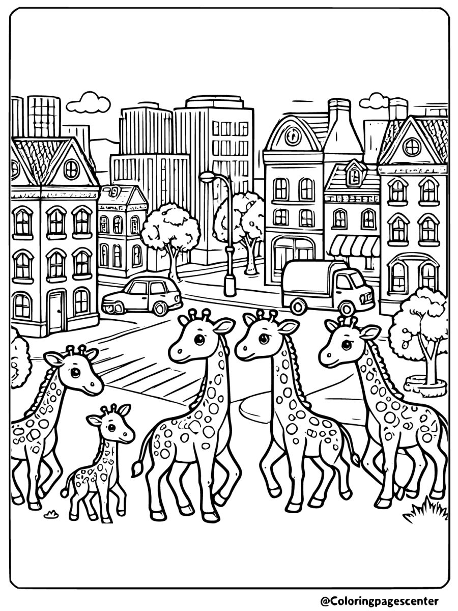 Giraffes walking in a city - an urban-themed giraffes coloring page