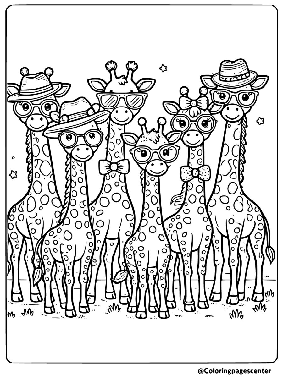 Stylish giraffes wearing hats and glasses - cute giraffes coloring page