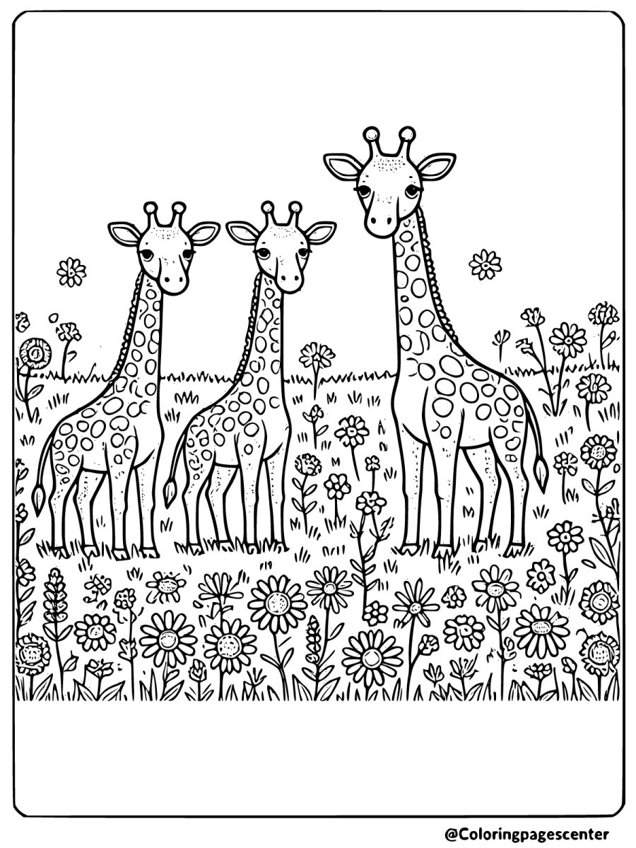 Giraffes standing among flowers - a fun giraffes coloring page