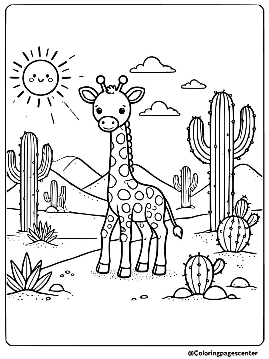 Coloring page of a happy giraffe in a desert landscape