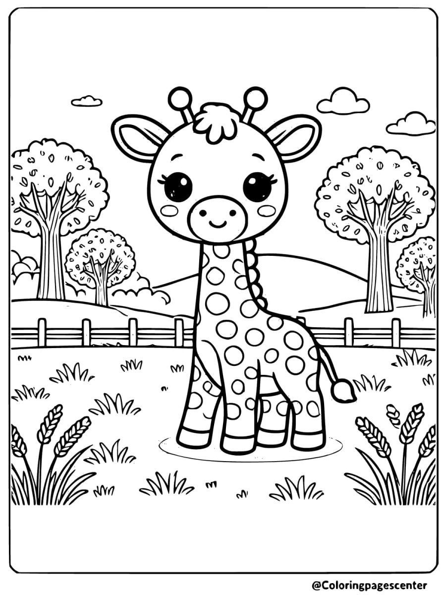 Coloring page of giraffe on farm