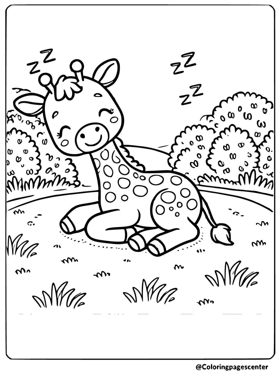 Coloring page of a baby giraffe sleeping in a garden