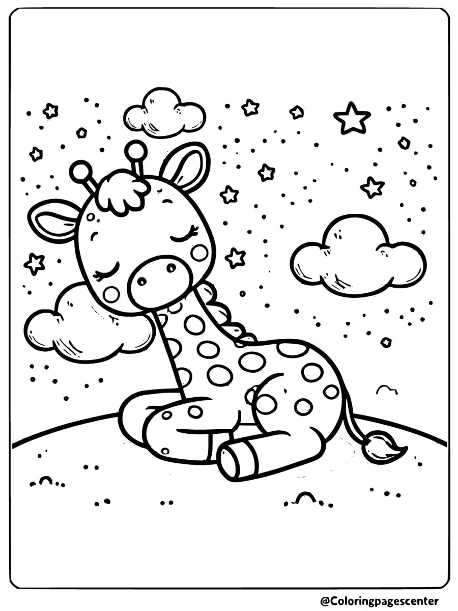 Coloring page of sleeping giraffe at night