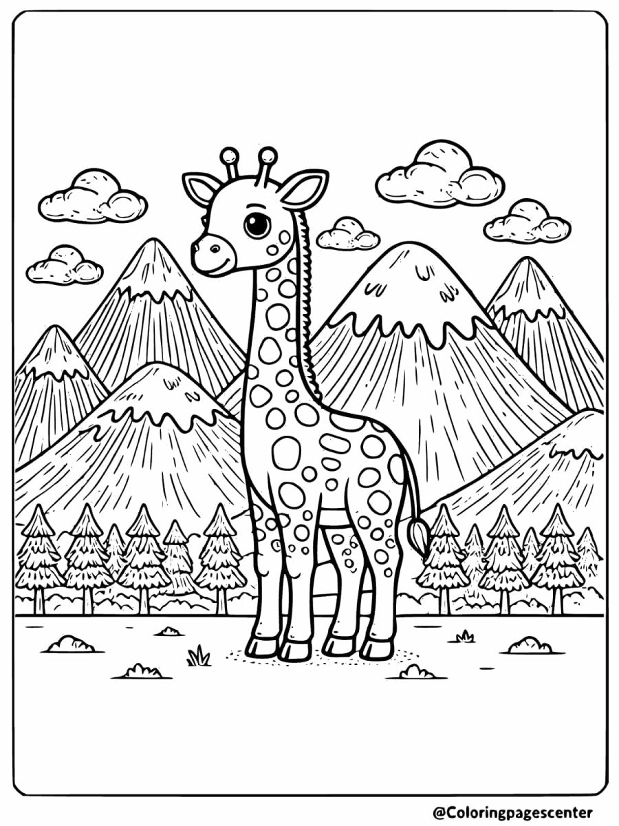 Coloring page of a smiling giraffe with mountain scenery