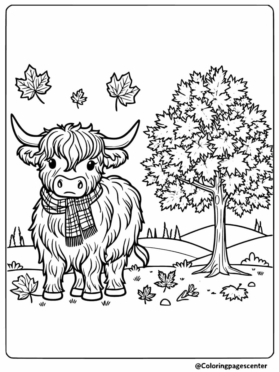 Highland cow with a scarf in a coloring page