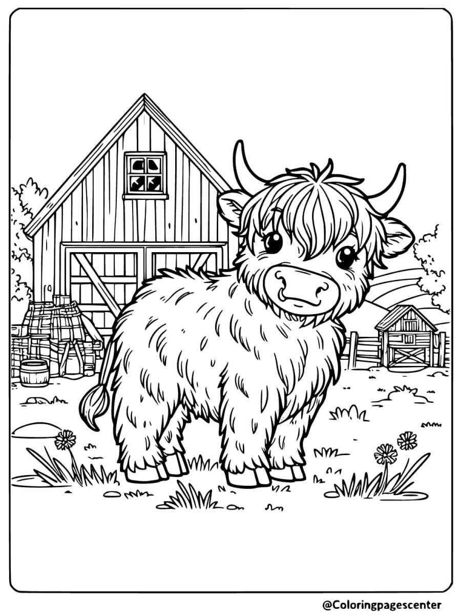 Coloring page showing a highland cow in a farmyard