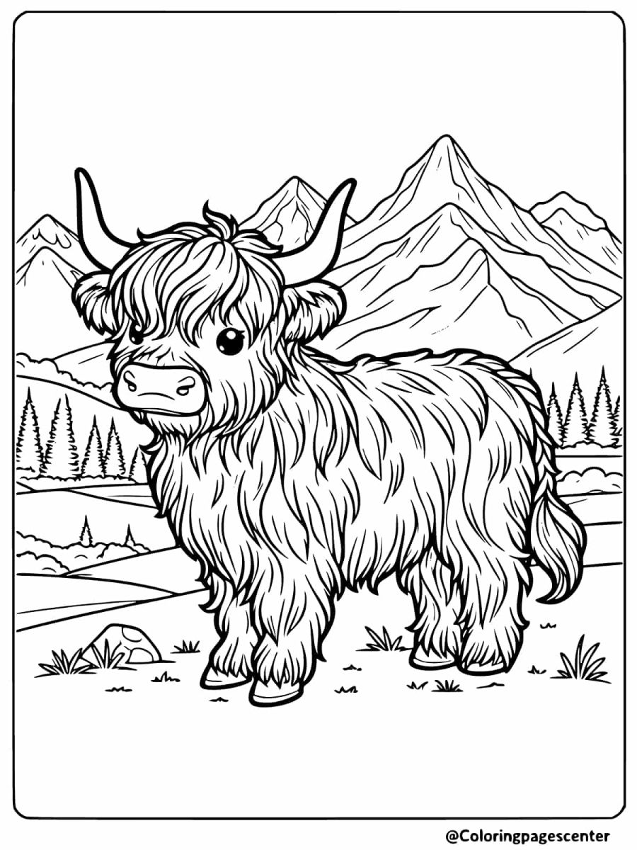 Highland cow in mountains for a coloring page