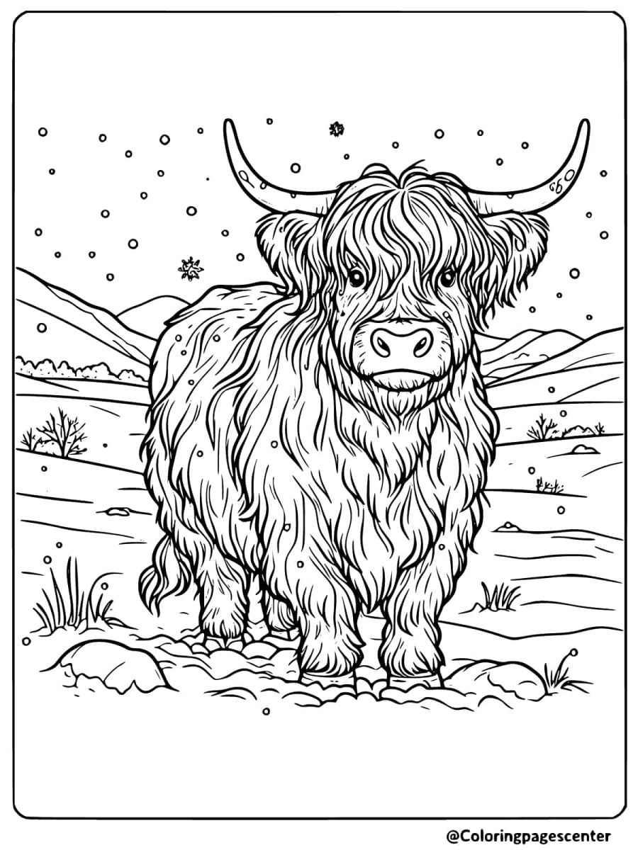 Highland cow in a snowy field in this coloring page