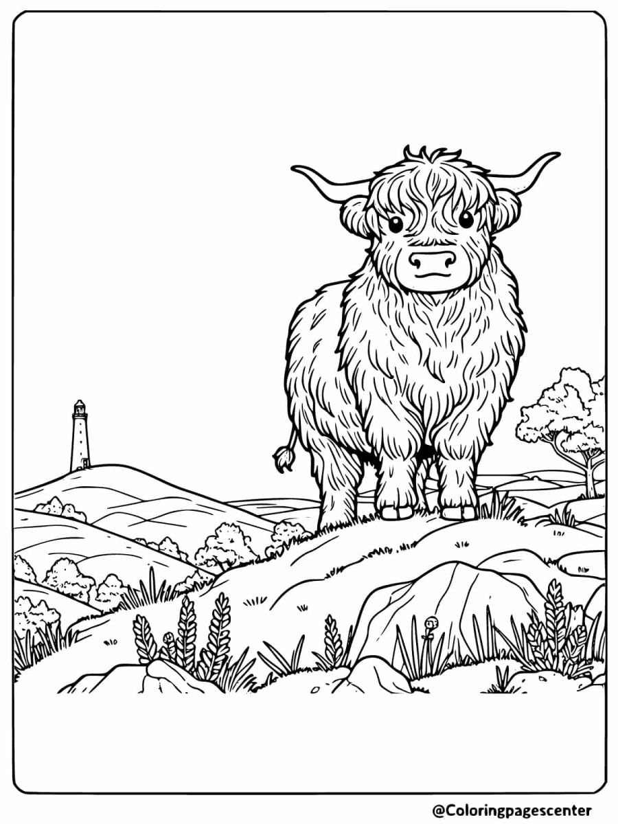 Coloring page of highland cow on a hilltop with lighthouse