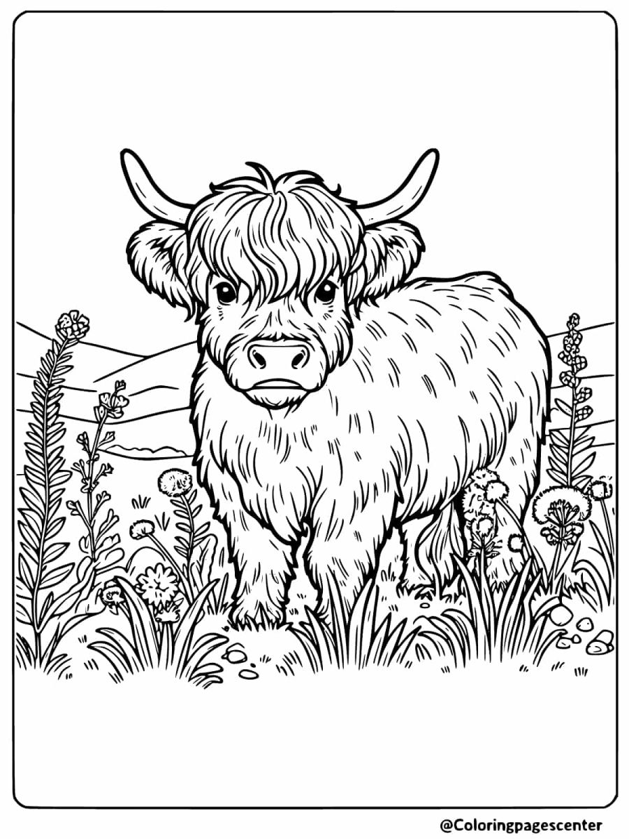 Coloring page featuring a highland cow among flowers