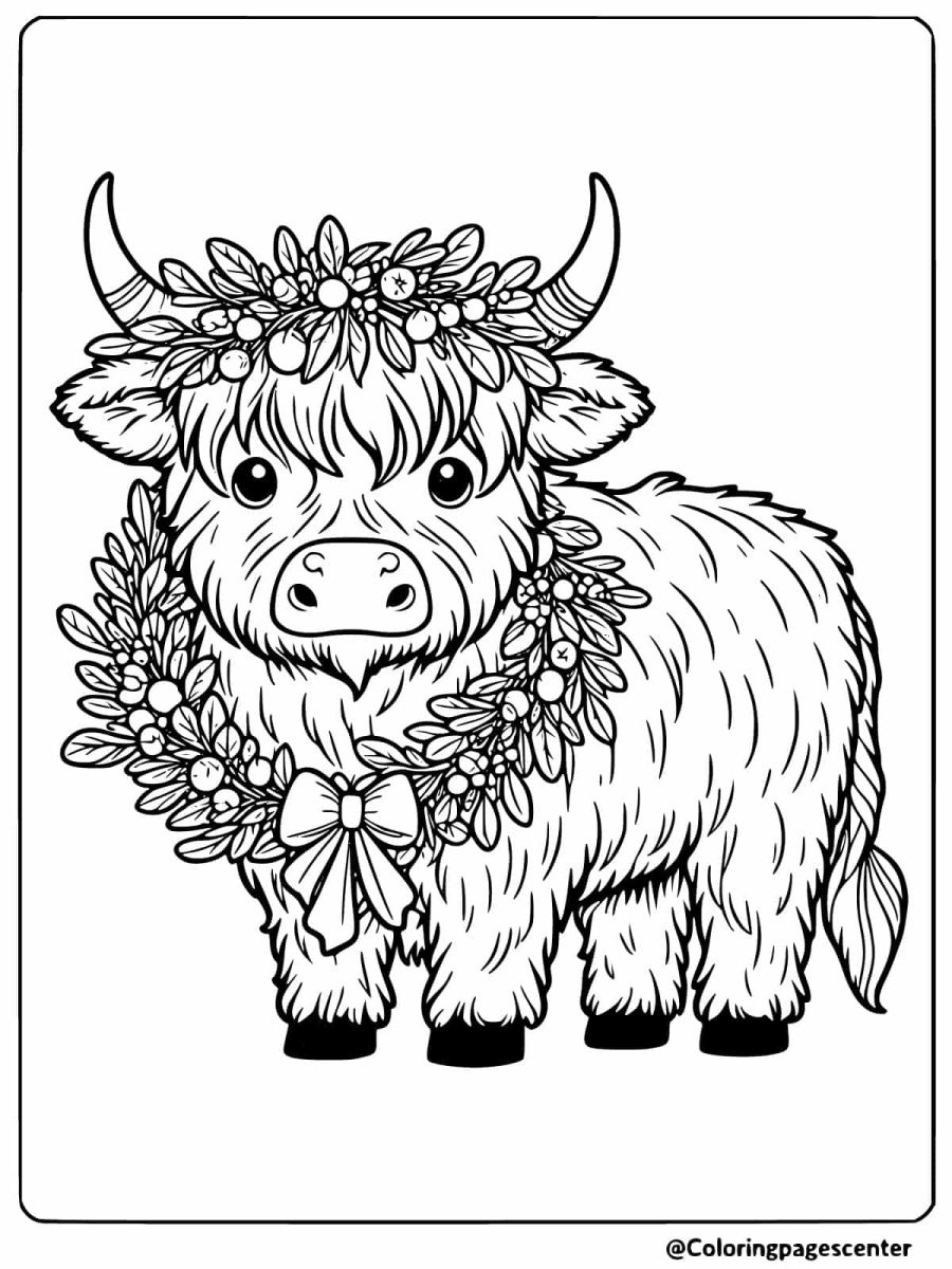 Coloring page of a highland cow with a flower crown