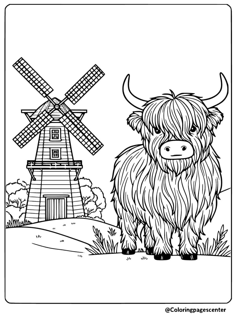 Highland cow standing by a windmill coloring page