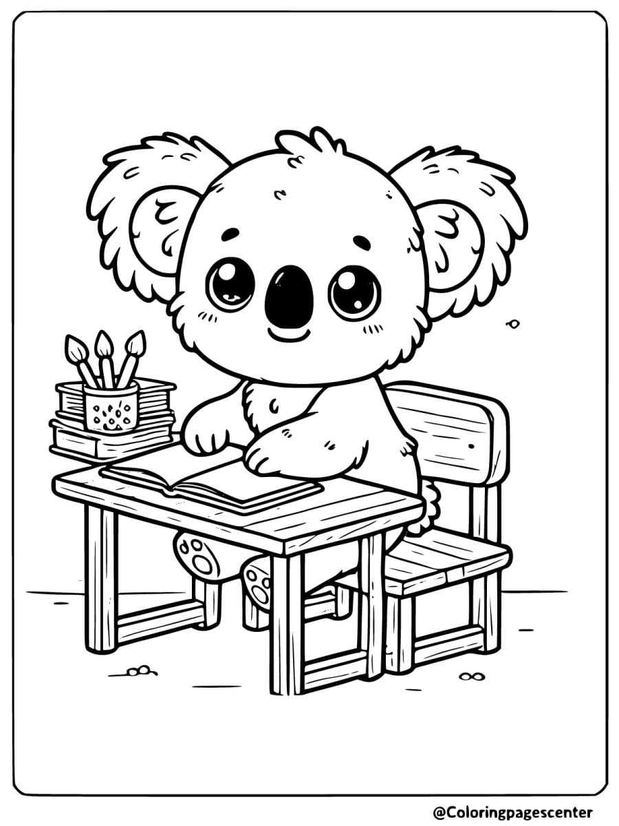 Baby koala sitting at a desk with books and pencils coloring page