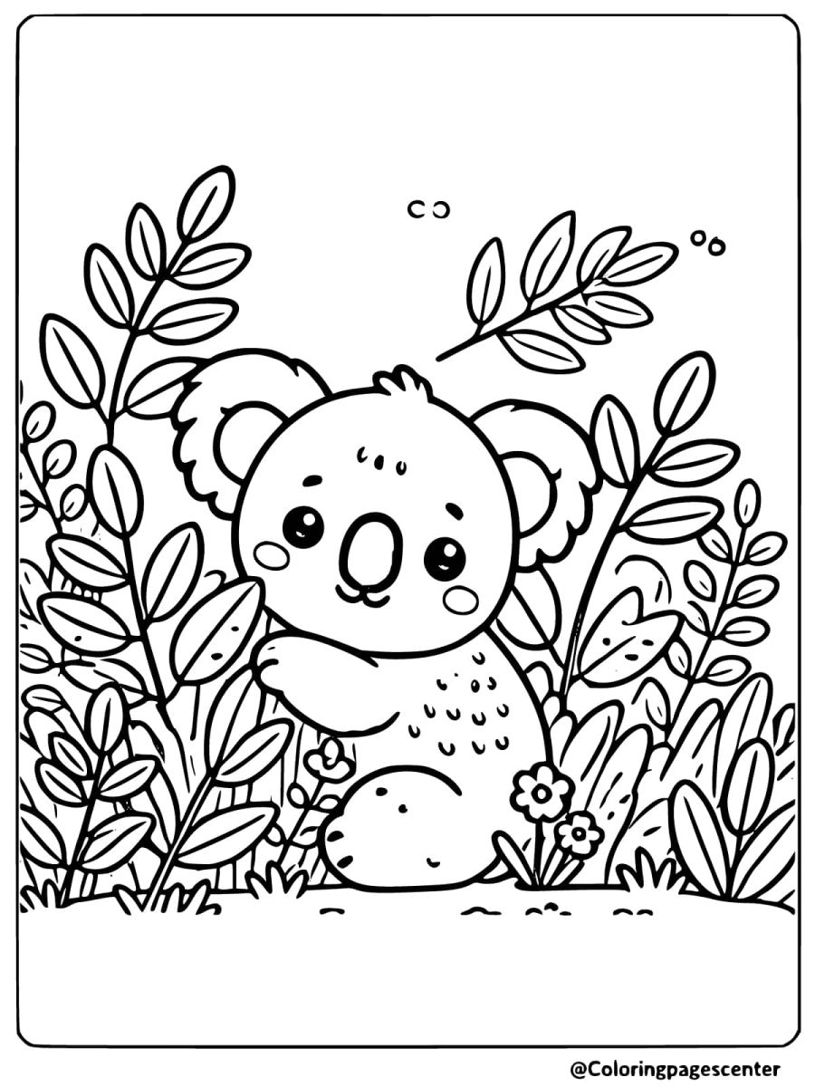 Baby koala peeking out from behind leaves coloring page