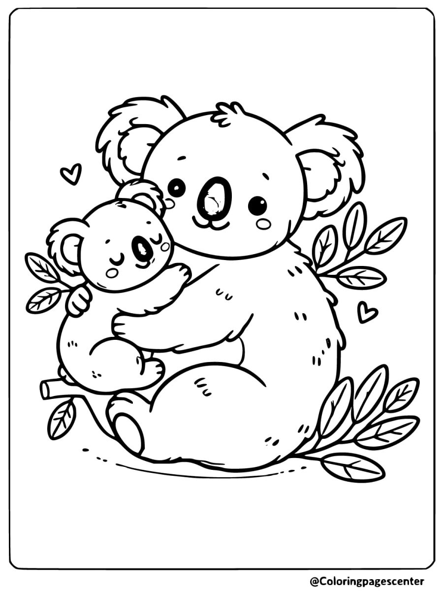 Baby koala cuddling with its mother, surrounded by leaves coloring page