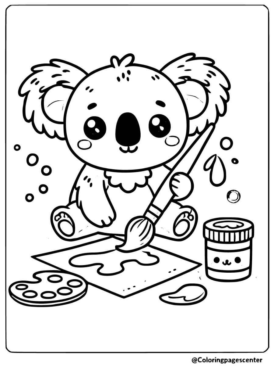 Baby koala holding a brush, painting with a jar of paint coloring page