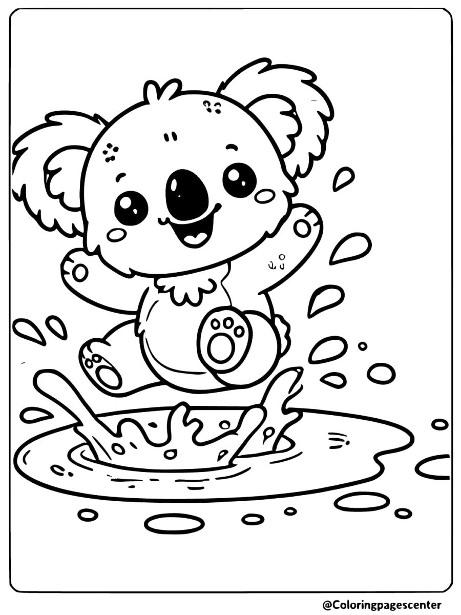 Baby koala having fun splashing in water coloring page