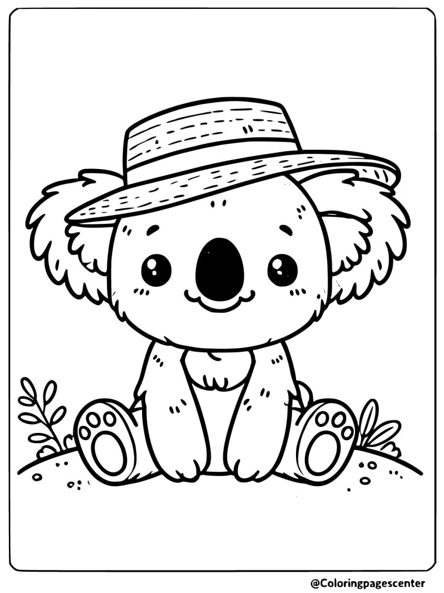 Baby koala wearing a hat, sitting on the ground coloring page