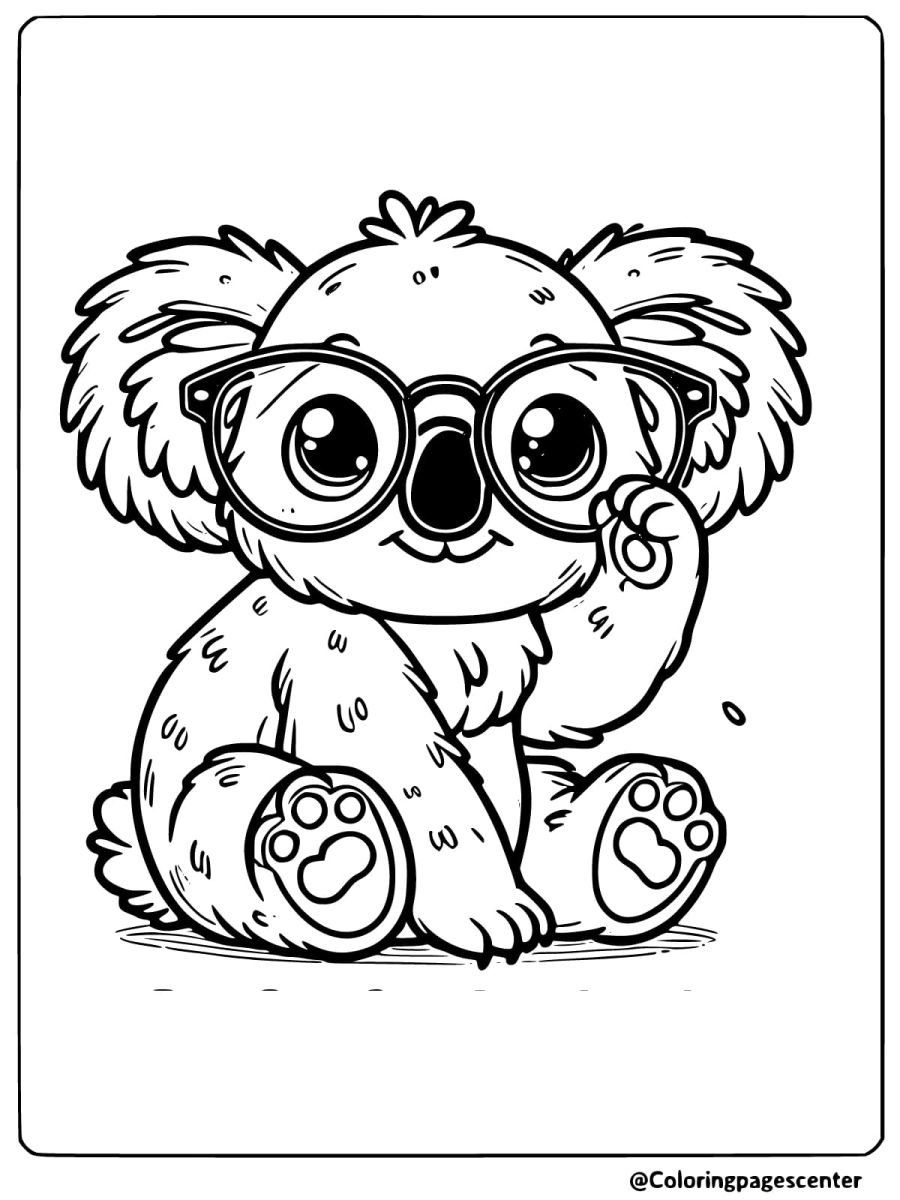 Baby koala wearing glasses, sitting and waving coloring page