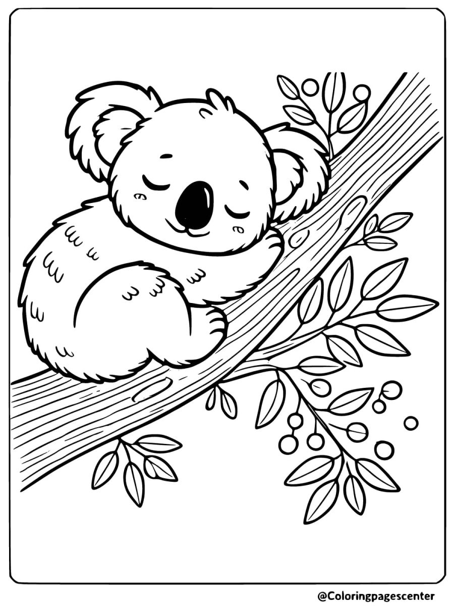 Baby koala napping on a tree branch with leaves coloring page