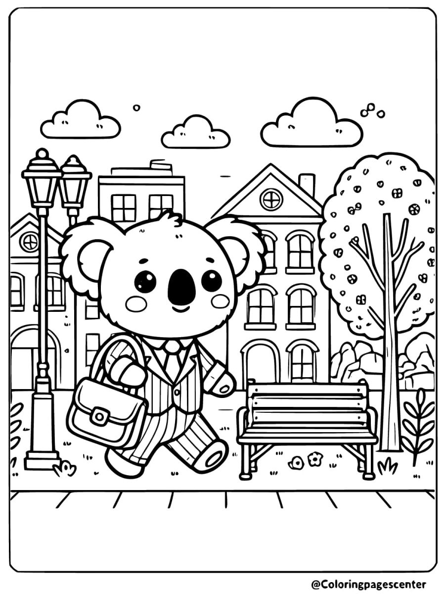 Coloring page of a business koala walking in a city with buildings