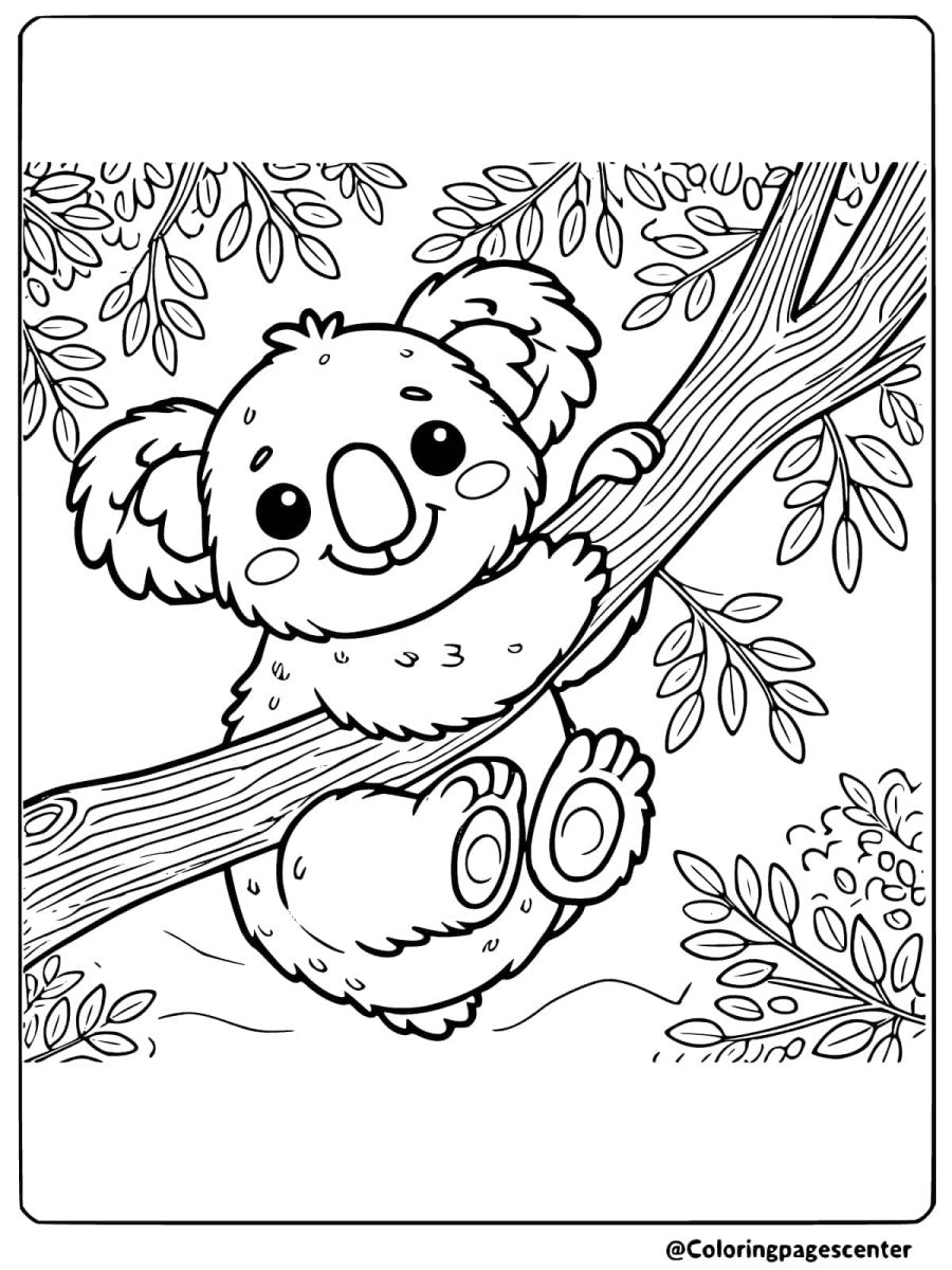 Coloring page of a koala hugging a tree branch with leaves