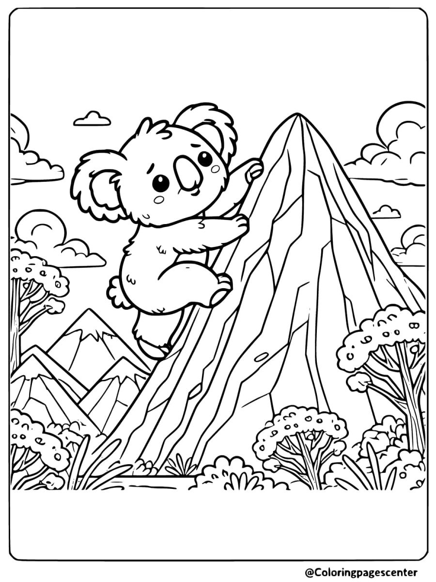 Coloring page of a cute koala climbing a mountain