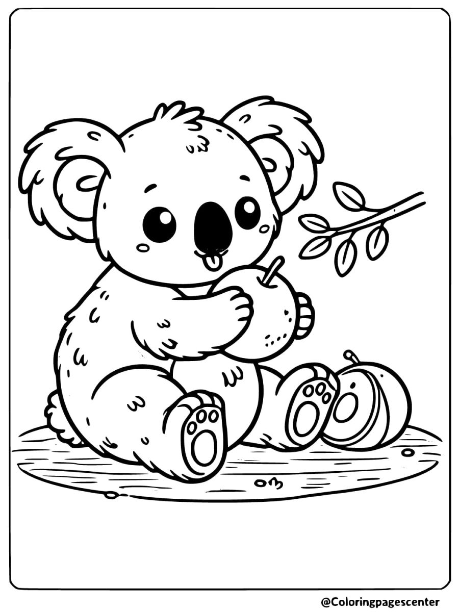 Coloring page of a cute koala eating leaves