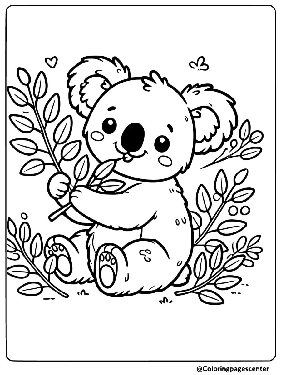 Coloring page of a cute koala eating leaves